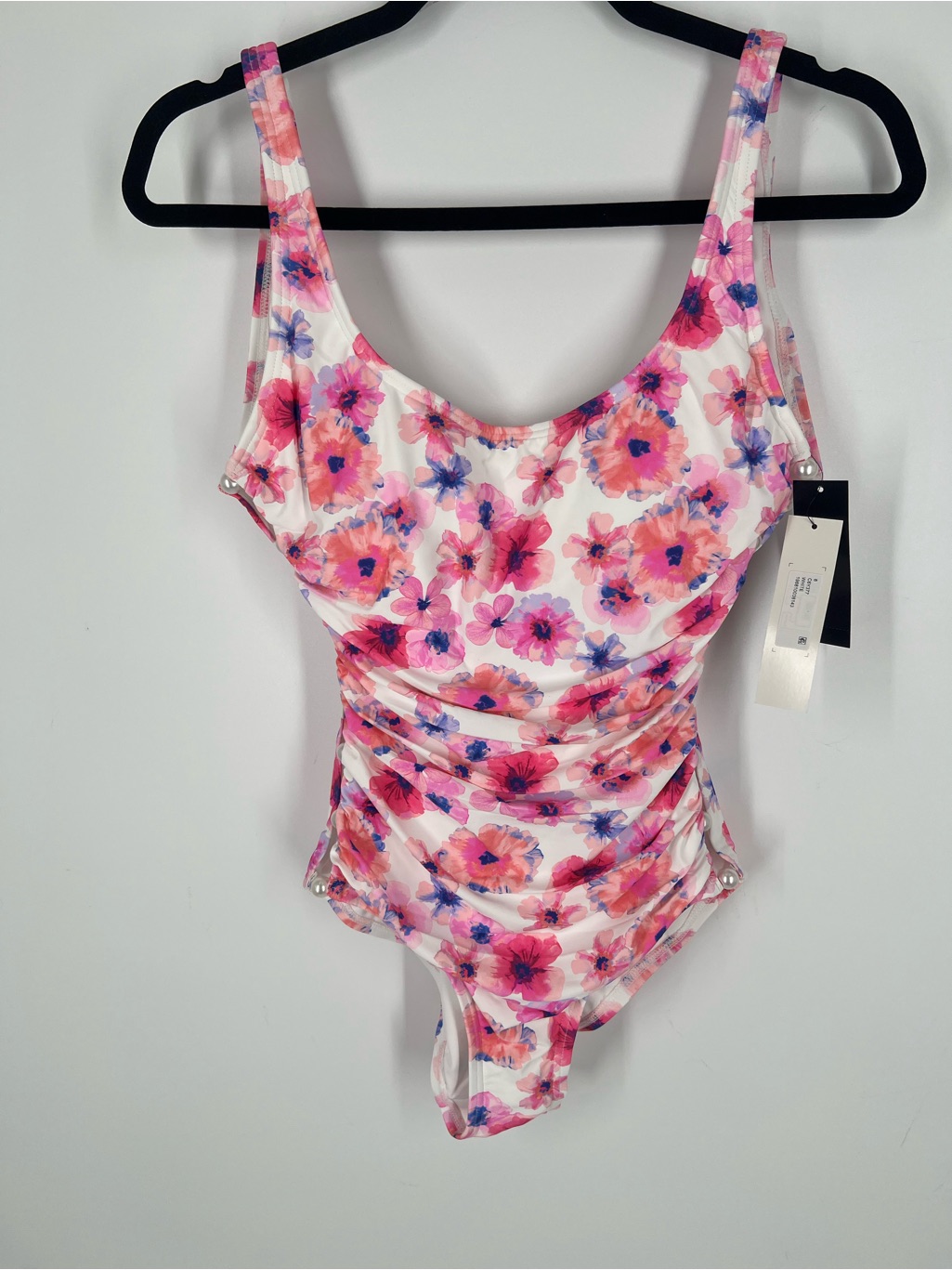 Carmen Marc Valvo Pink White Floral Pearl Ruched One Piece Swimsuit Size 8 Nwt